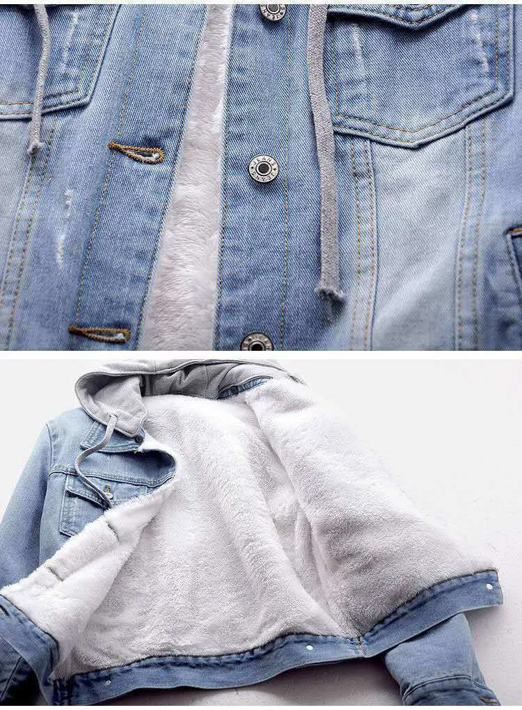 Winter Women Jean Jacket Pockets Button Soft Hooded Warm Outerwear Hooded Fashion Slim Denim Coats Female