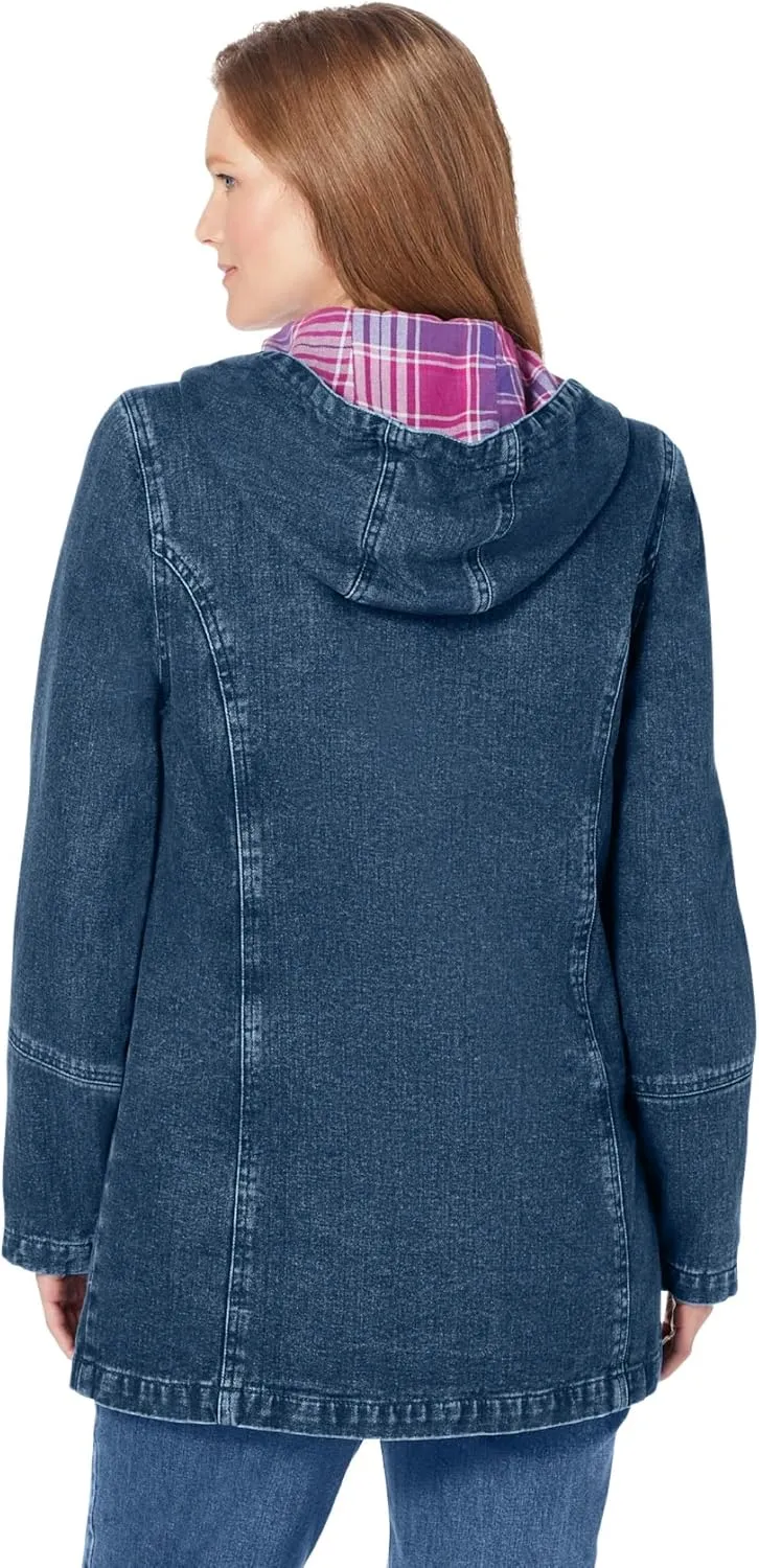 Woman Within Plus Size Flannel-Lined Denim Jacket Removable Hood Long Oversized Jean Coat