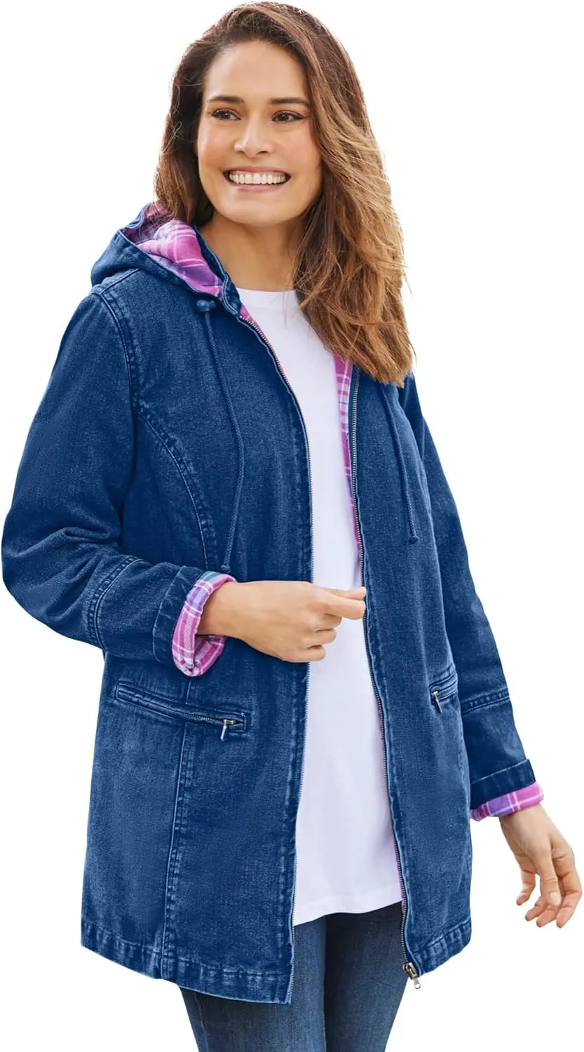 Woman Within Plus Size Flannel-Lined Denim Jacket Removable Hood Long Oversized Jean Coat