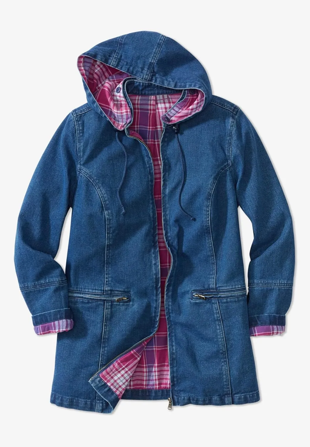 Woman Within Plus Size Flannel-Lined Denim Jacket Removable Hood Long Oversized Jean Coat