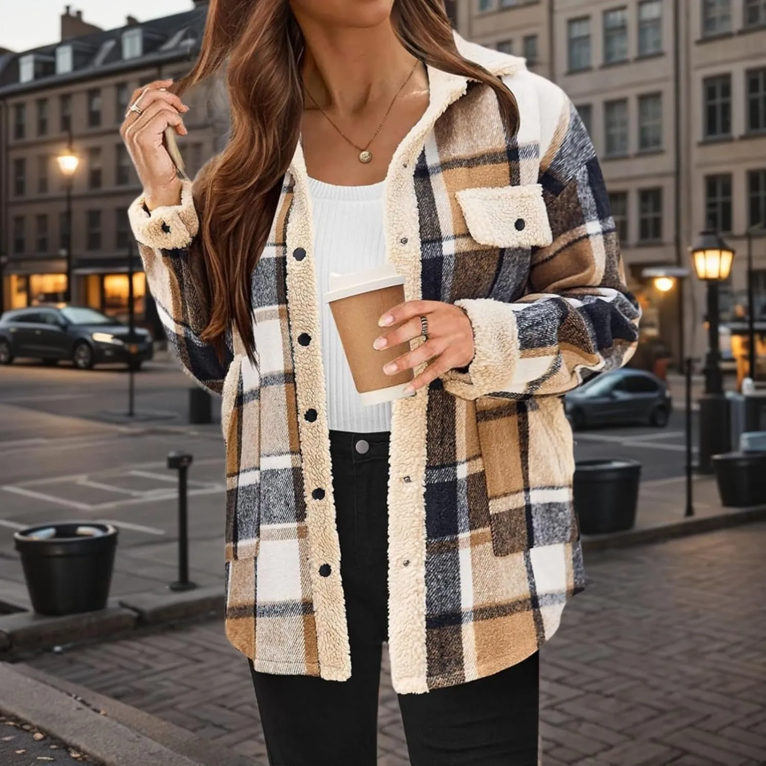 Women Fleece Jackets Casual Flannel Plaid Shacket Button Down Lapel Collared Sherpa Jackets with Pockets Fall Coat