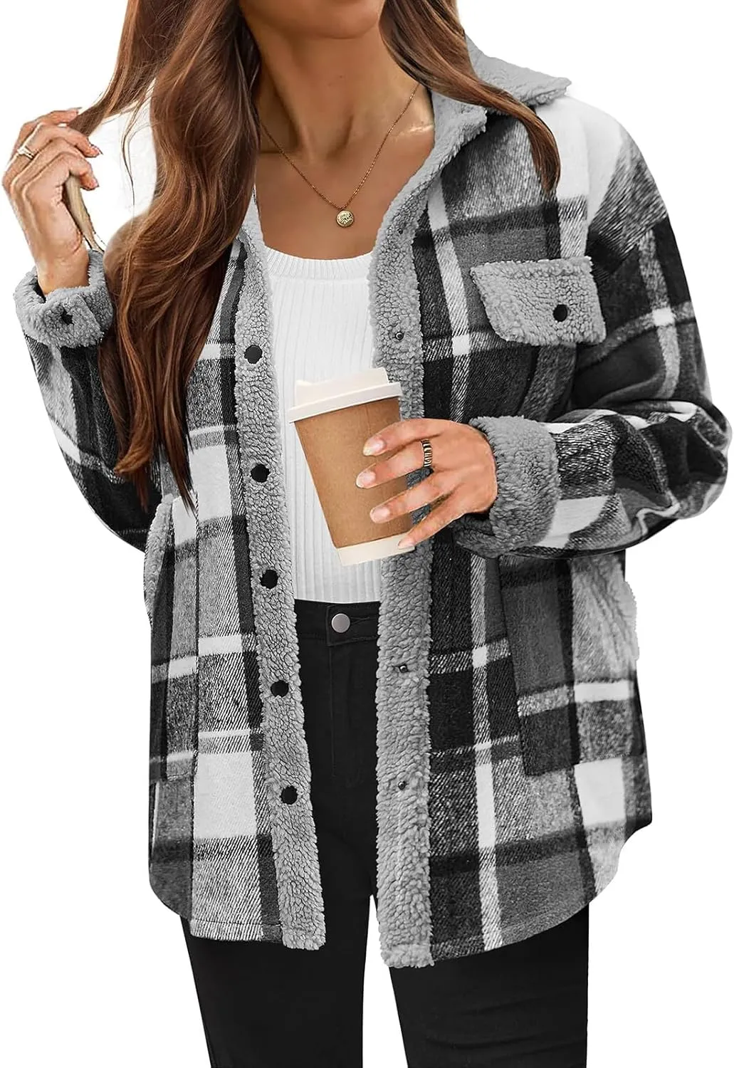 Women Fleece Jackets Casual Flannel Plaid Shacket Button Down Lapel Collared Sherpa Jackets with Pockets Fall Coat