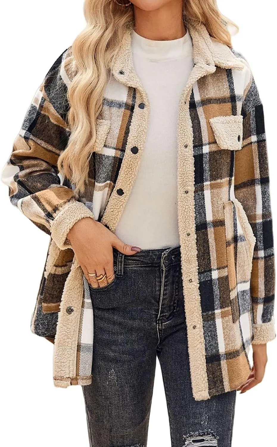 Women Fleece Jackets Casual Flannel Plaid Shacket Button Down Lapel Collared Sherpa Jackets with Pockets Fall Coat