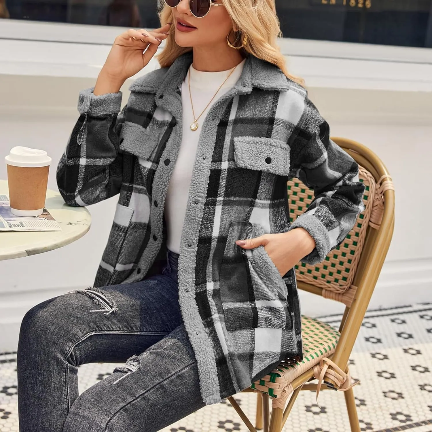 Women Fleece Jackets Casual Flannel Plaid Shacket Button Down Lapel Collared Sherpa Jackets with Pockets Fall Coat