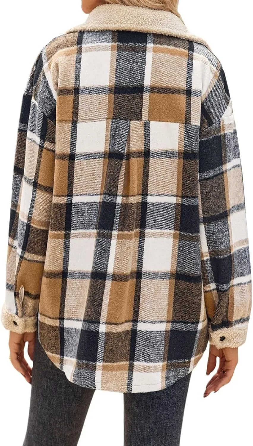 Women Fleece Jackets Casual Flannel Plaid Shacket Button Down Lapel Collared Sherpa Jackets with Pockets Fall Coat