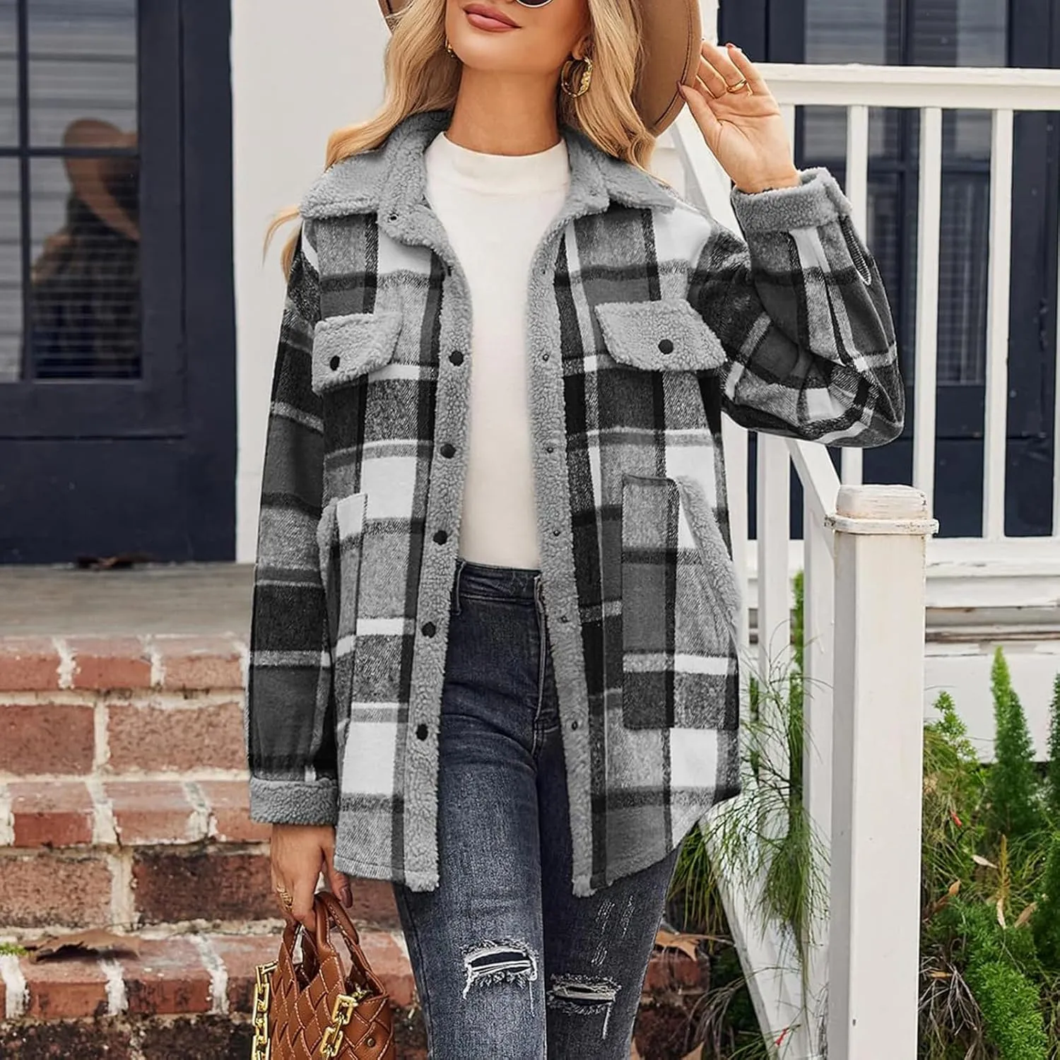 Women Fleece Jackets Casual Flannel Plaid Shacket Button Down Lapel Collared Sherpa Jackets with Pockets Fall Coat