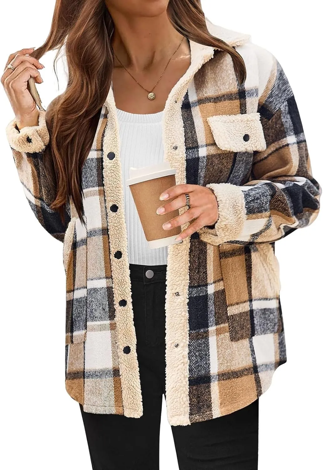 Women Fleece Jackets Casual Flannel Plaid Shacket Button Down Lapel Collared Sherpa Jackets with Pockets Fall Coat
