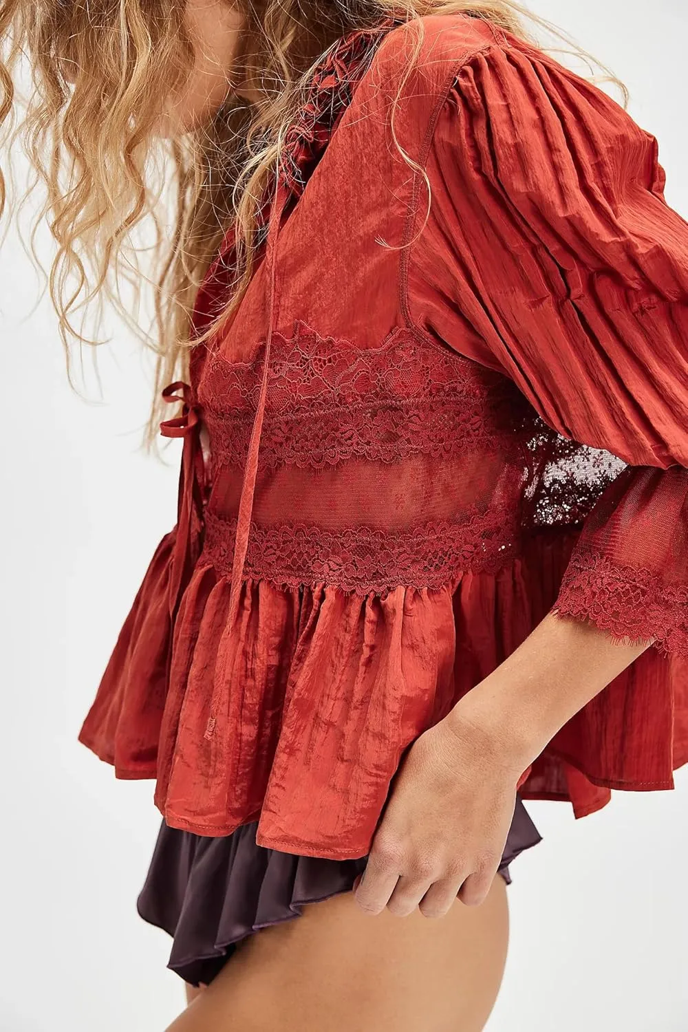 Women Flowy Tie Front Tops Boho Beach Sheer Lace Ruffle Shirts Fashion Short Sleeve Embroidered Eyelet Blouses 2025