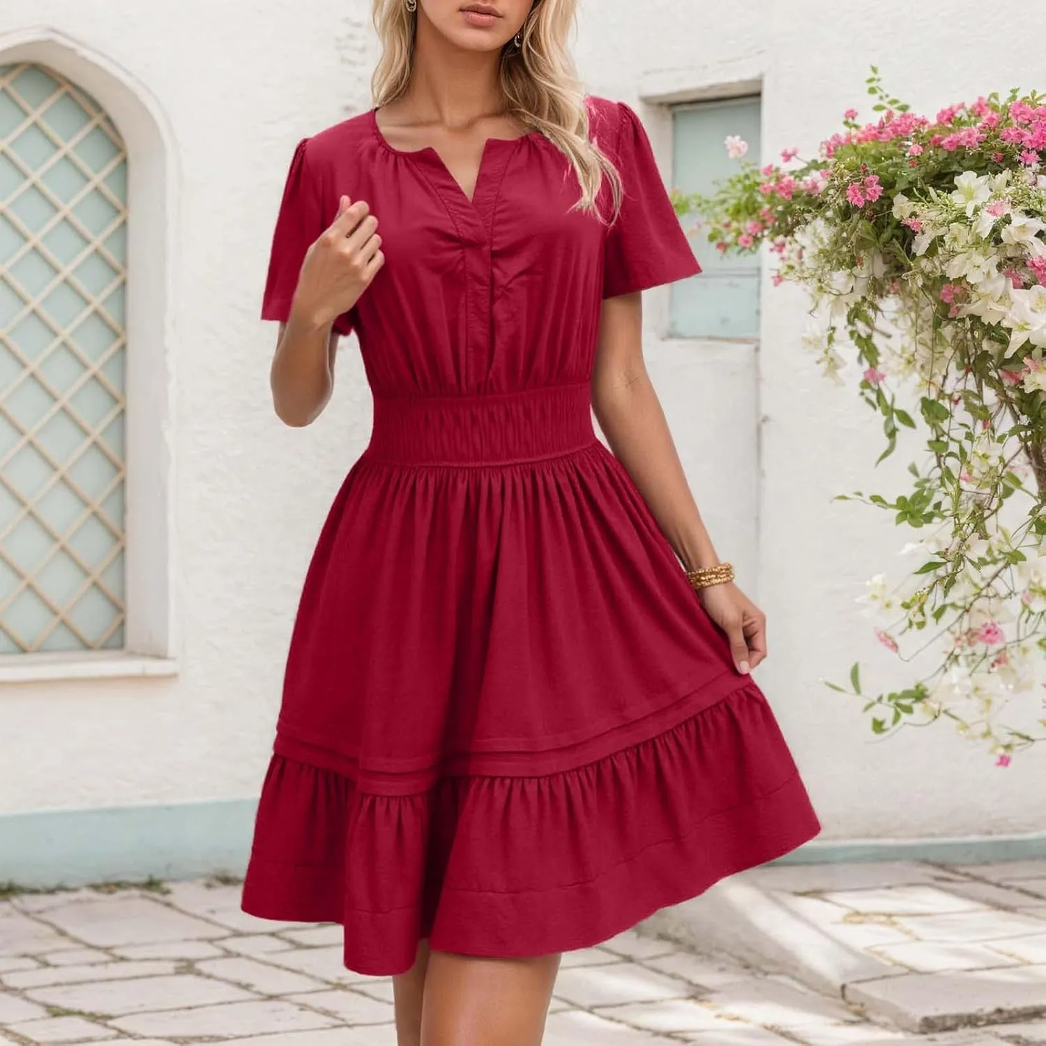 Women Summer Mini Short Dress Wrap V Neck Short Flared Sleeve Wedding Guest Dress Beach Vacation Tropical Sundress