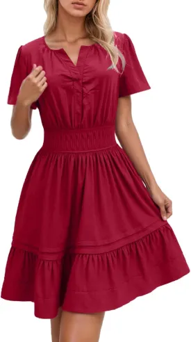 Women Summer Mini Short Dress Wrap V Neck Short Flared Sleeve Wedding Guest Dress Beach Vacation Tropical Sundress