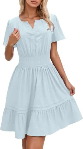Women Summer Mini Short Dress Wrap V Neck Short Flared Sleeve Wedding Guest Dress Beach Vacation Tropical Sundress