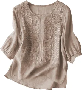 Womens Cotton 3/4 Sleeve Tops Slit Hem Retro Floral Embroidered Top Boho Dressy Casual Blouses Summer Clothing