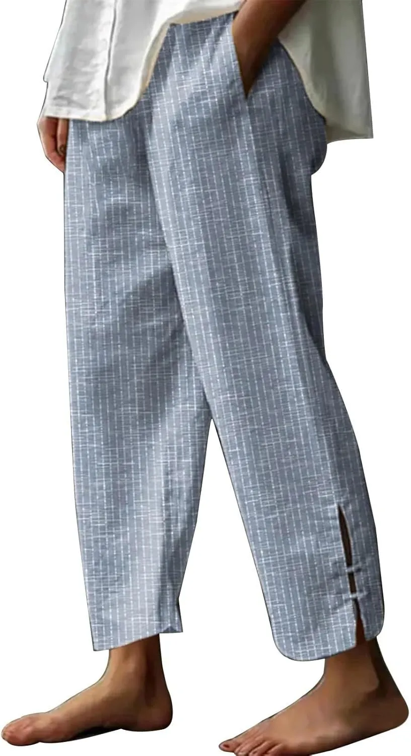 Womens Cotton Linen Pants Straight Leg High Waisted Striped Trousers Casual Loose Fit Side Slit Pants with Pockets