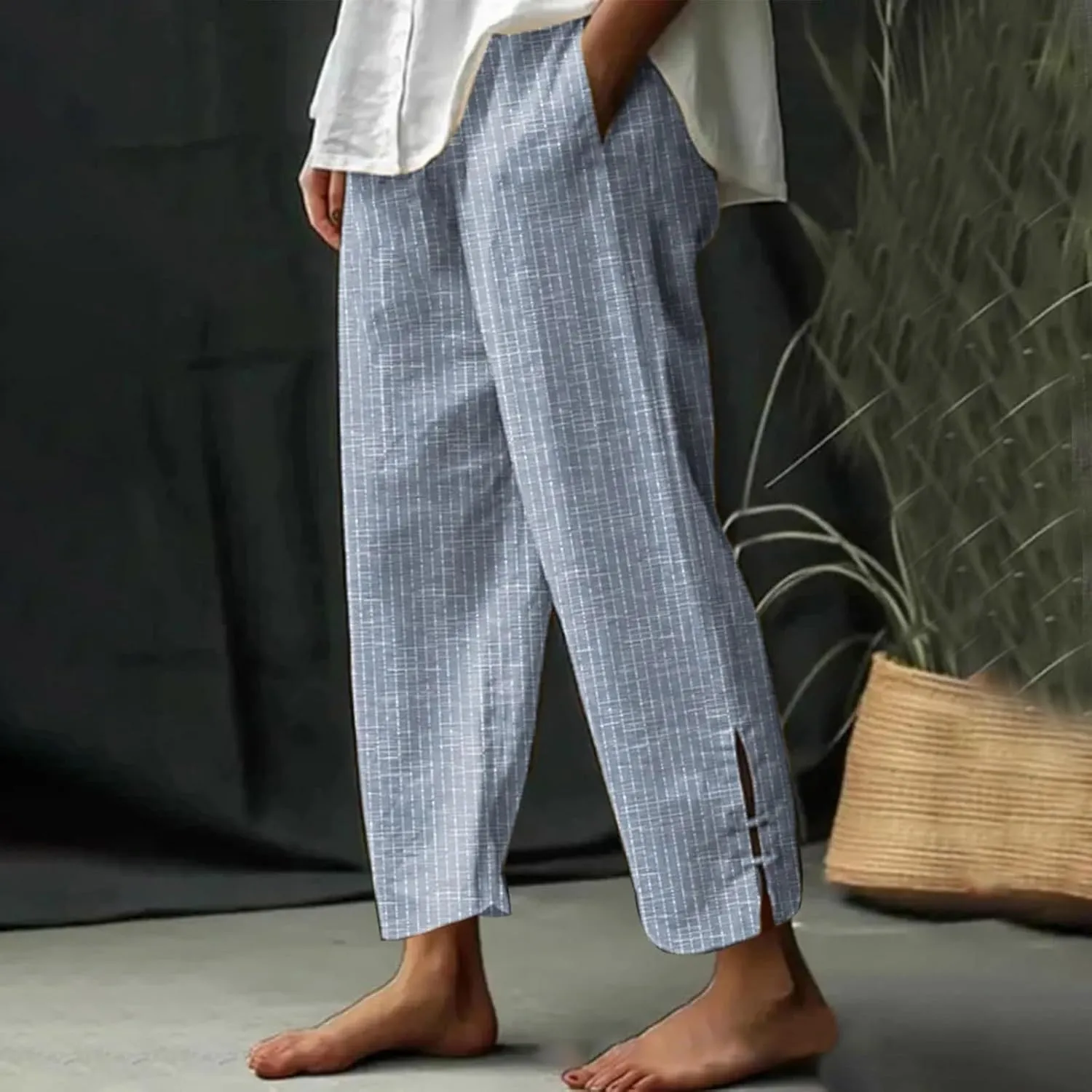 Womens Cotton Linen Pants Straight Leg High Waisted Striped Trousers Casual Loose Fit Side Slit Pants with Pockets