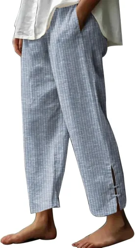 Womens Cotton Linen Pants Straight Leg High Waisted Striped Trousers Casual Loose Fit Side Slit Pants with Pockets