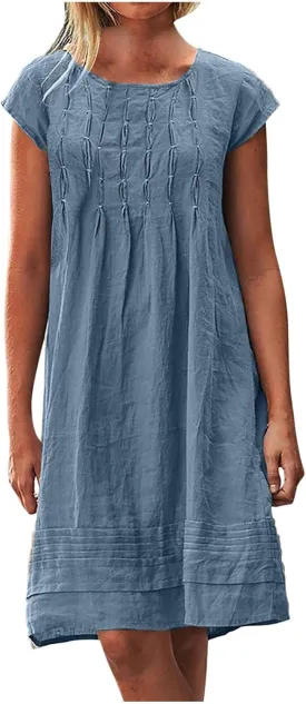 Women's Cotton Linen Summer Dresses 2024 Sleeveless Pleated Dress Casual Knee Length Dress Comfy Summer Lounge Outfits