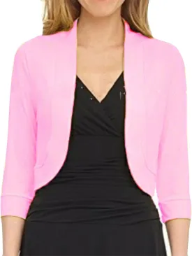 Women's Cropped Blazer Casual Business 3/4 Sleeve Collarless Open Front Cardigans Work Jacket Short Shrug for Dresses