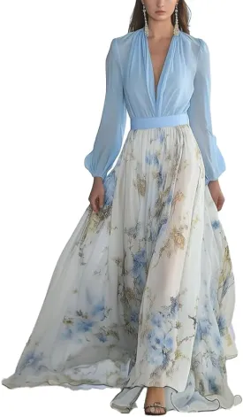 Womens Deep V Neck Chiffon Dresses Elegant Boho Floral Long Sleeve Flowy Summer Belted Maxi Dress