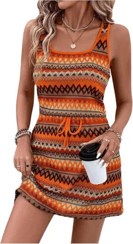 Women's Eyelet Embroidery Sleeveless Tank Dress Scoop Neck Drawstring Waist Short Dress Casual Dresses