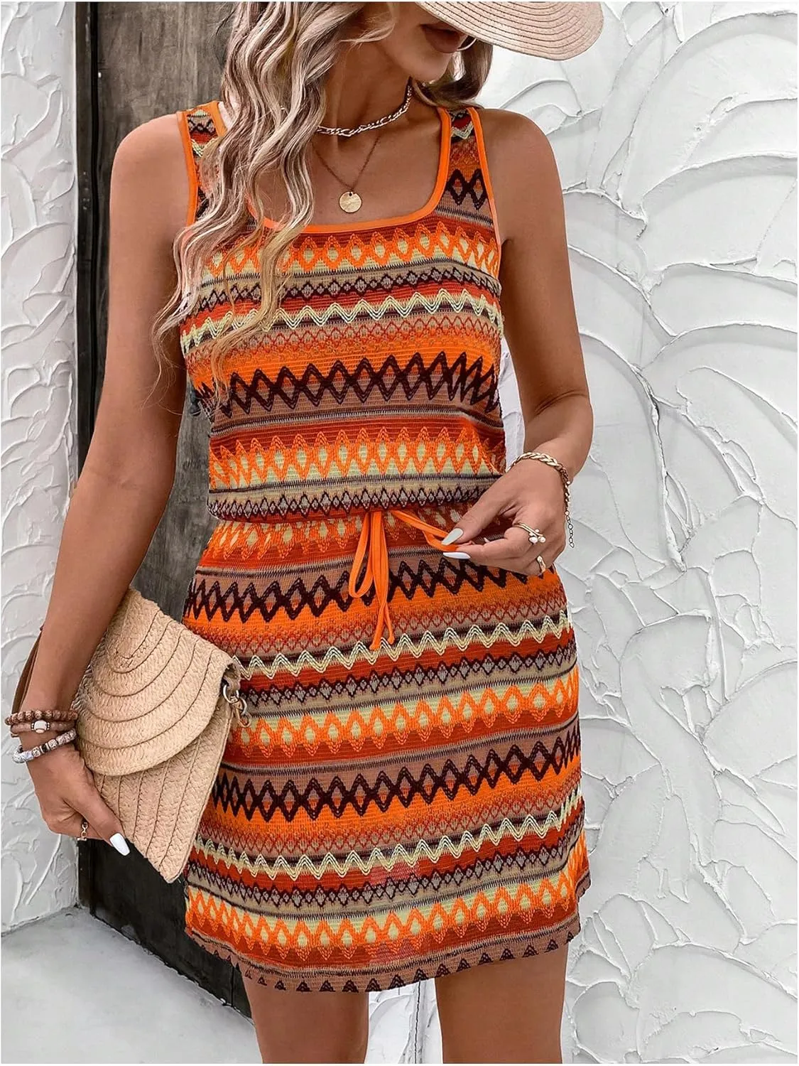 Women's Eyelet Embroidery Sleeveless Tank Dress Scoop Neck Drawstring Waist Short Dress Casual Dresses
