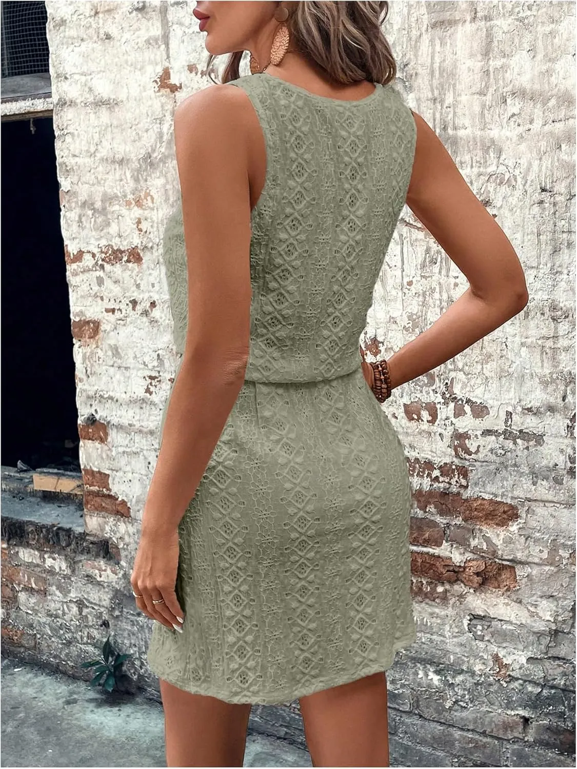Women's Eyelet Embroidery Sleeveless Tank Dress Scoop Neck Drawstring Waist Short Dress Casual Dresses