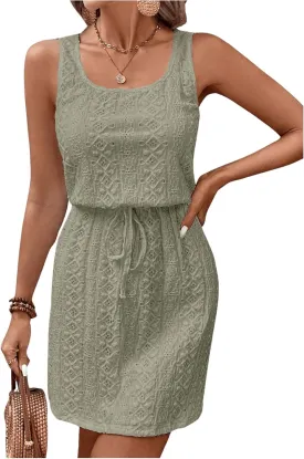Women's Eyelet Embroidery Sleeveless Tank Dress Scoop Neck Drawstring Waist Short Dress Casual Dresses