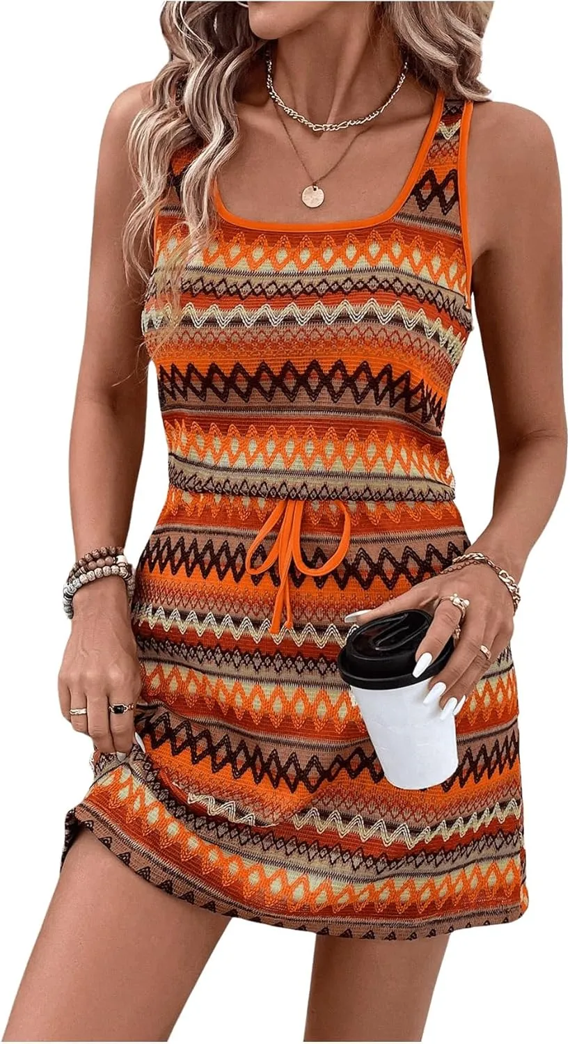 Women's Eyelet Embroidery Sleeveless Tank Dress Scoop Neck Drawstring Waist Short Dress Casual Dresses