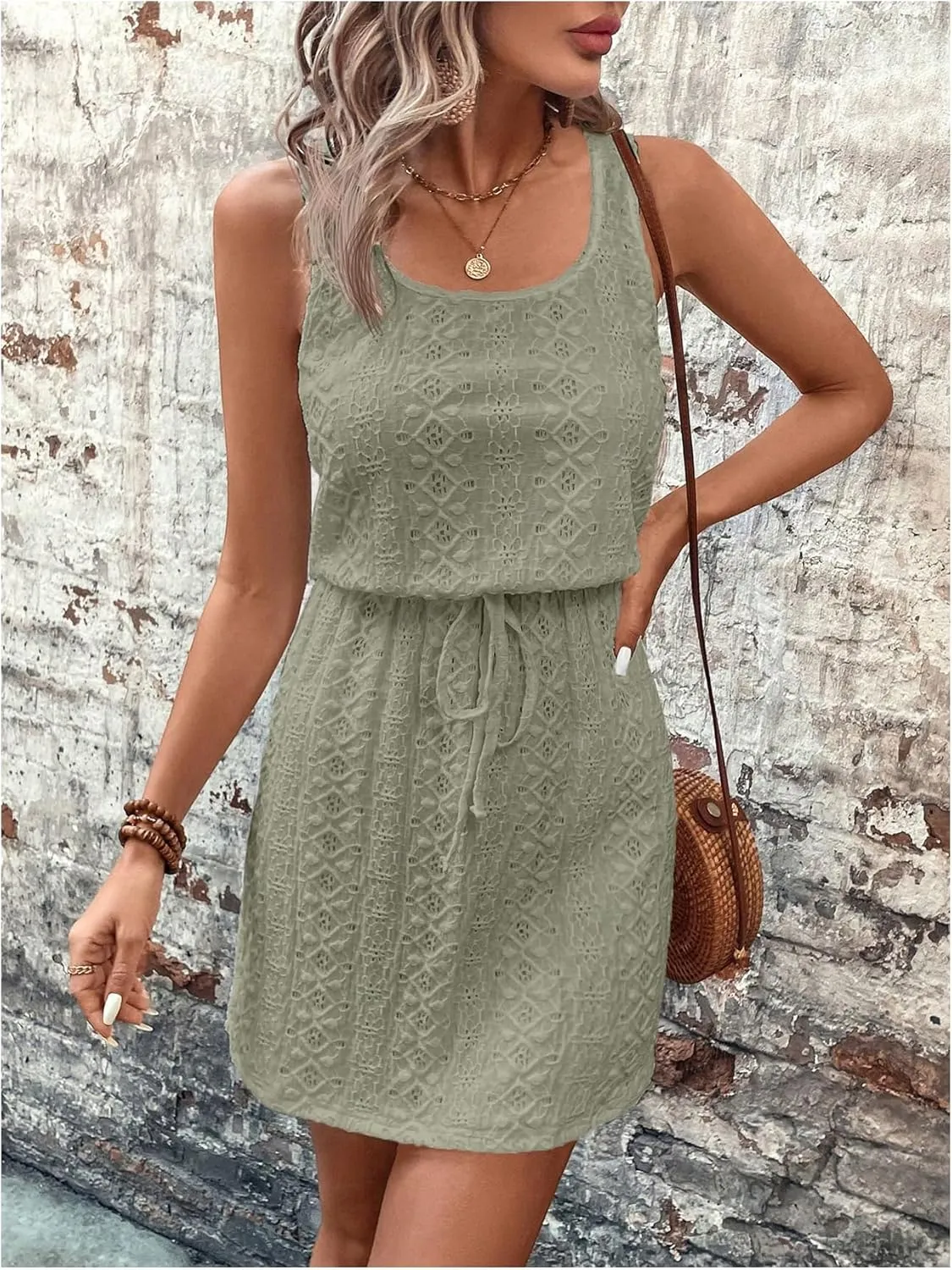 Women's Eyelet Embroidery Sleeveless Tank Dress Scoop Neck Drawstring Waist Short Dress Casual Dresses