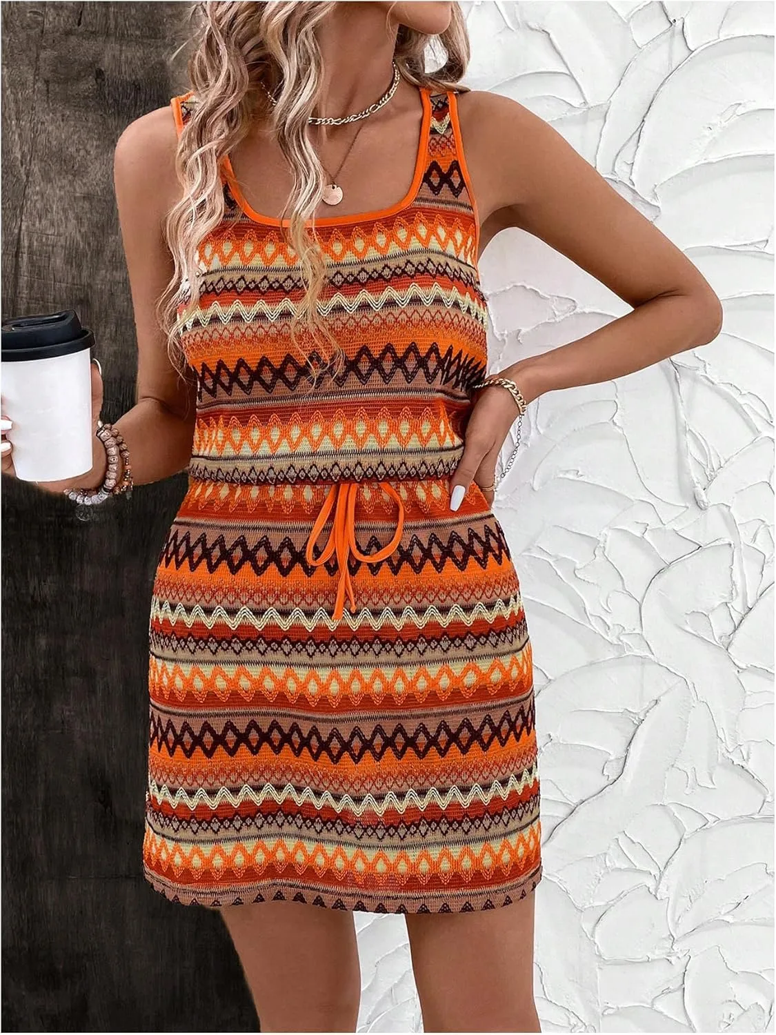 Women's Eyelet Embroidery Sleeveless Tank Dress Scoop Neck Drawstring Waist Short Dress Casual Dresses