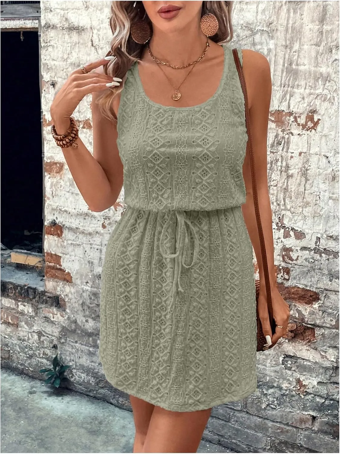 Women's Eyelet Embroidery Sleeveless Tank Dress Scoop Neck Drawstring Waist Short Dress Casual Dresses
