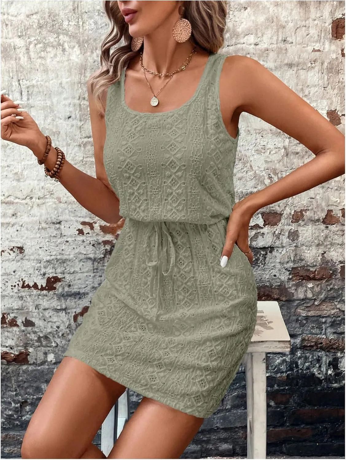 Women's Eyelet Embroidery Sleeveless Tank Dress Scoop Neck Drawstring Waist Short Dress Casual Dresses