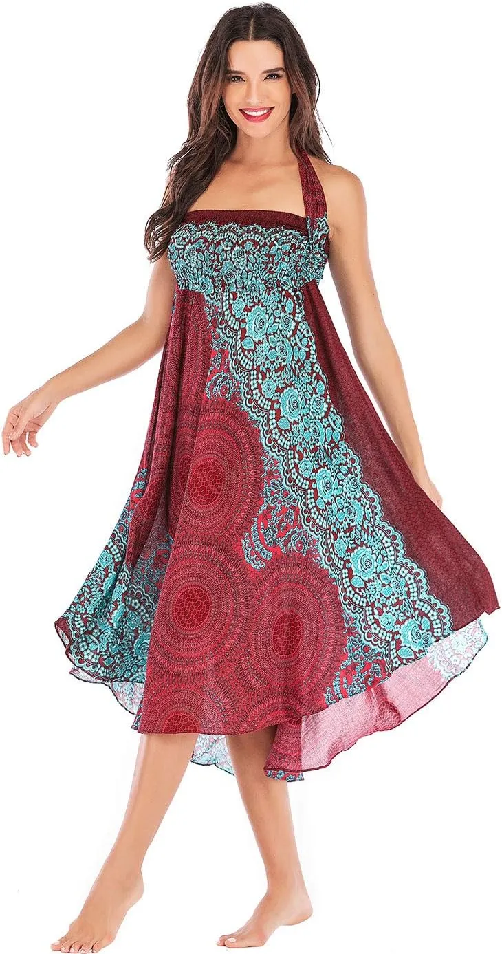 Women's Flowing Bohemian Dress High Waist A-Line Long Skirt Original Two Layer Printed Wrap Around Skirts
