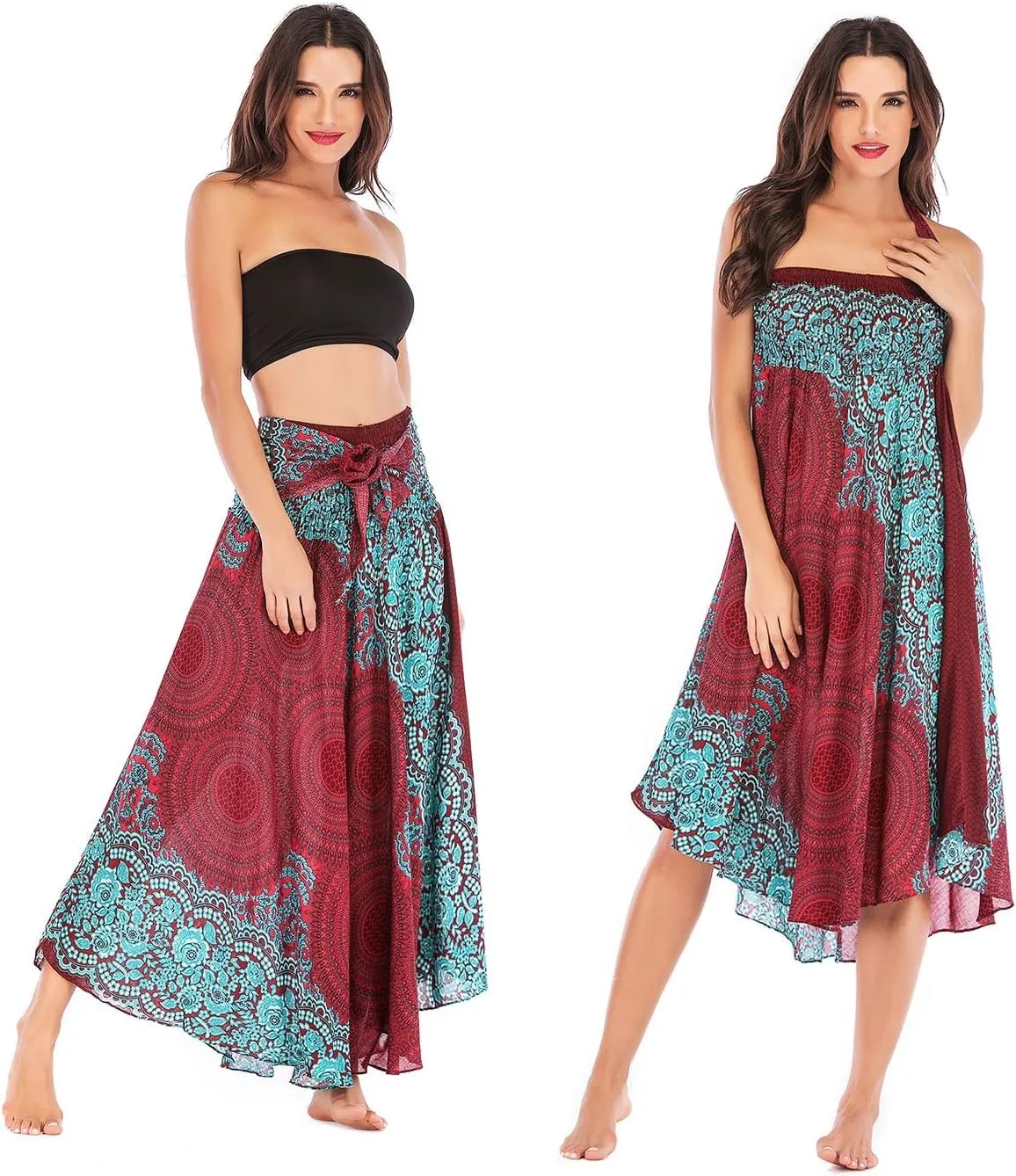 Women's Flowing Bohemian Dress High Waist A-Line Long Skirt Original Two Layer Printed Wrap Around Skirts
