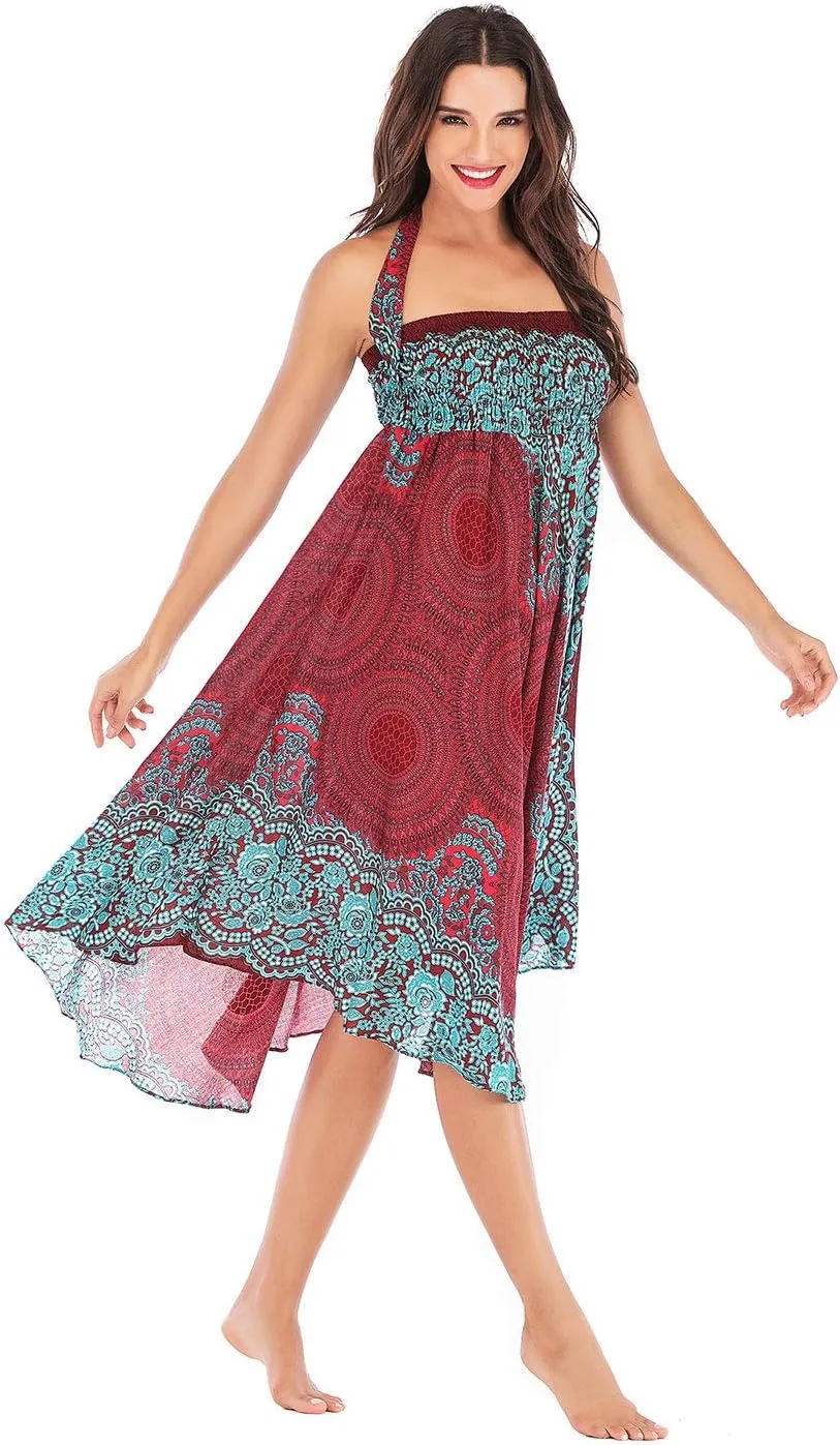 Women's Flowing Bohemian Dress High Waist A-Line Long Skirt Original Two Layer Printed Wrap Around Skirts