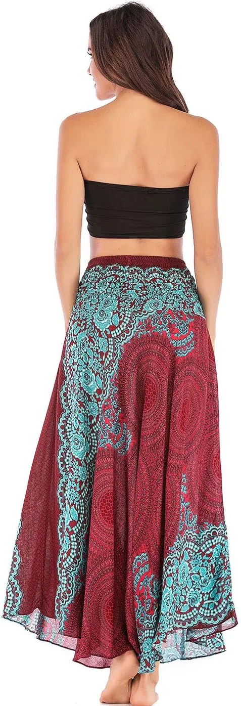 Women's Flowing Bohemian Dress High Waist A-Line Long Skirt Original Two Layer Printed Wrap Around Skirts