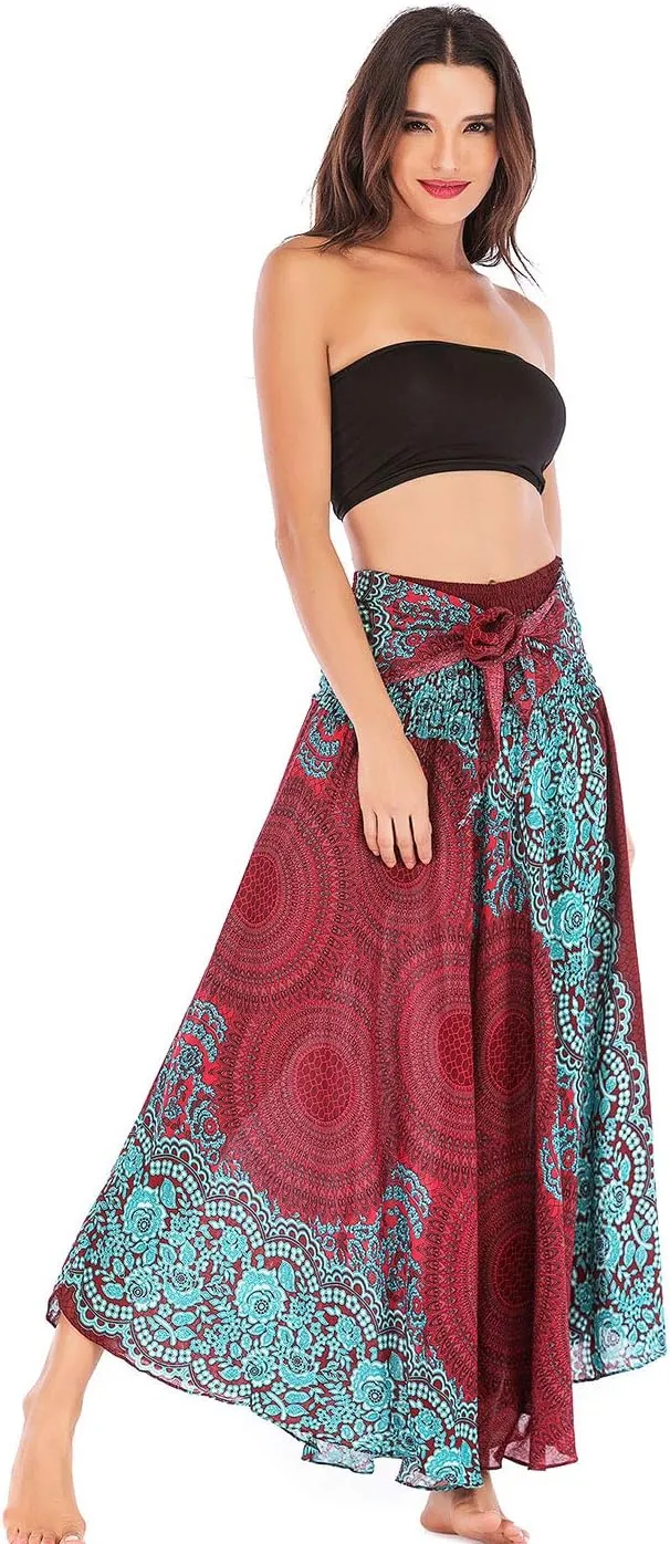 Women's Flowing Bohemian Dress High Waist A-Line Long Skirt Original Two Layer Printed Wrap Around Skirts