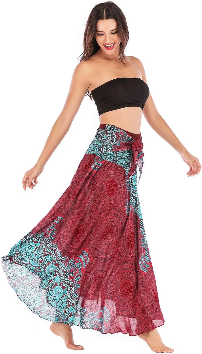 Women's Flowing Bohemian Dress High Waist A-Line Long Skirt Original Two Layer Printed Wrap Around Skirts