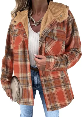 Womens Plaid Shacket Jacket Long Sleeve Button Down Fleece Hooded Jacket Warm Coat Casual Sherpa Fleece Lined Jacket