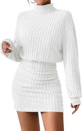 Women's Pullover Sweater Dress Long Lantern Sleeve Turtle Neck Cute Ribbed Knit Bodycon Mini Short Dress 2024 Fall
