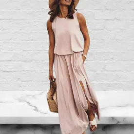 Women's Round Neck Solid Cotton-Blend Boho Maxi Dress