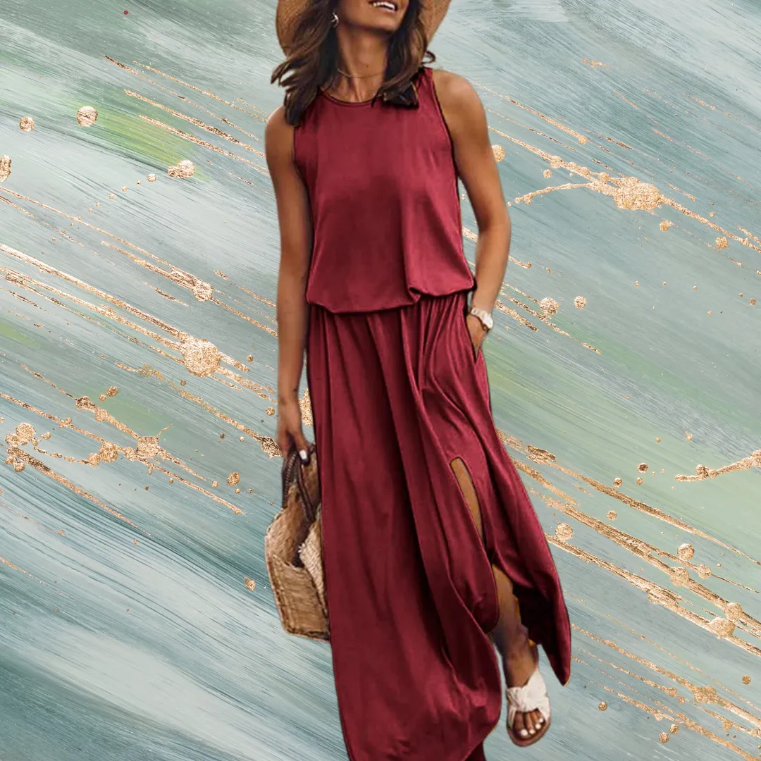 Women's Round Neck Solid Cotton-Blend Boho Maxi Dress