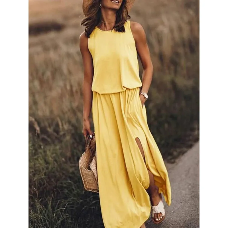 Women's Round Neck Solid Cotton-Blend Boho Maxi Dress