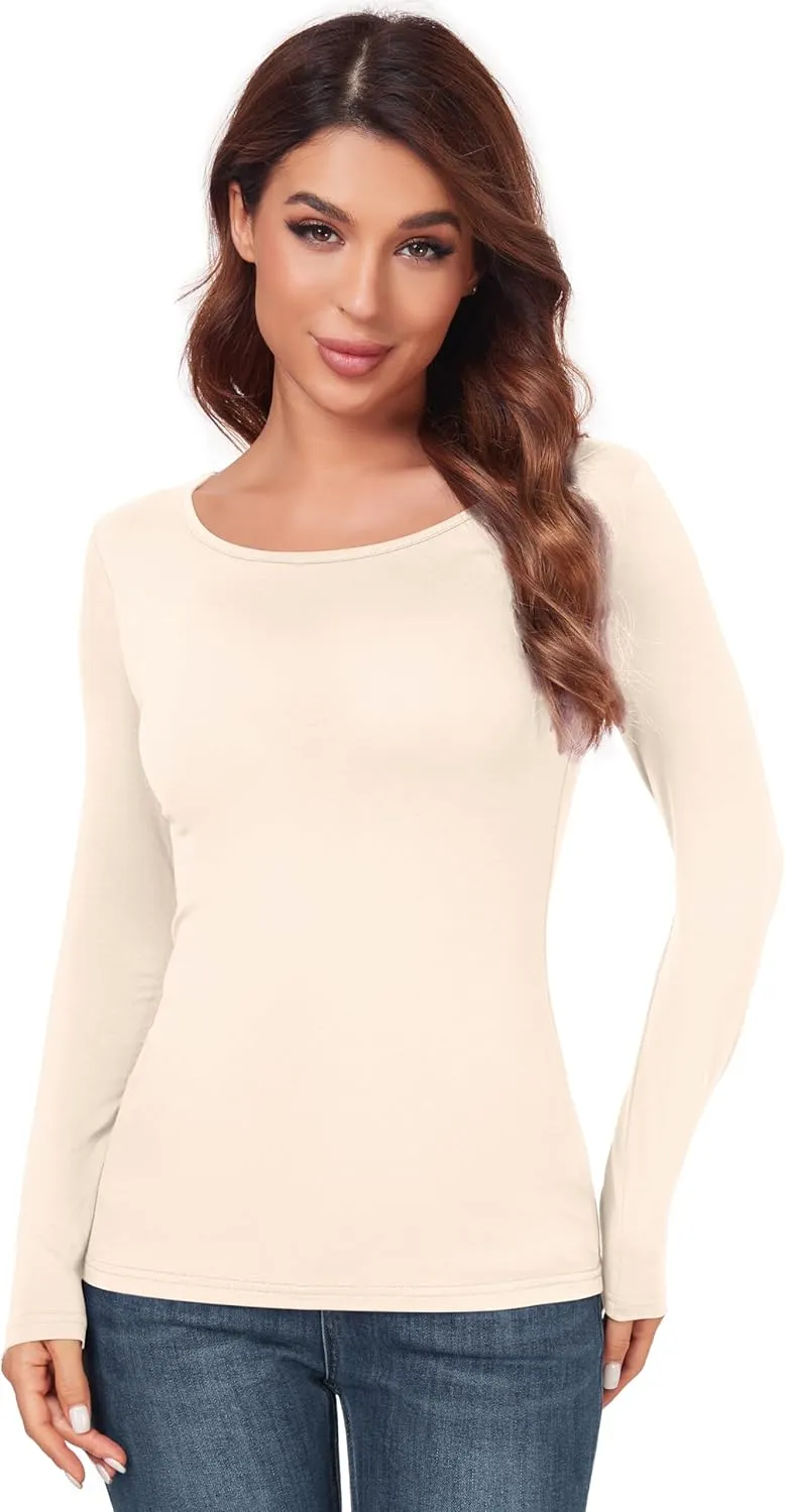 Women's Scoop Neck Tops Long Sleeve Slim Fit T Shirt Thermal Blouse Basic Layer Shirts