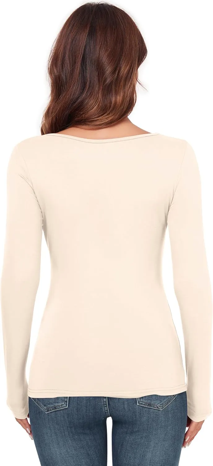 Women's Scoop Neck Tops Long Sleeve Slim Fit T Shirt Thermal Blouse Basic Layer Shirts