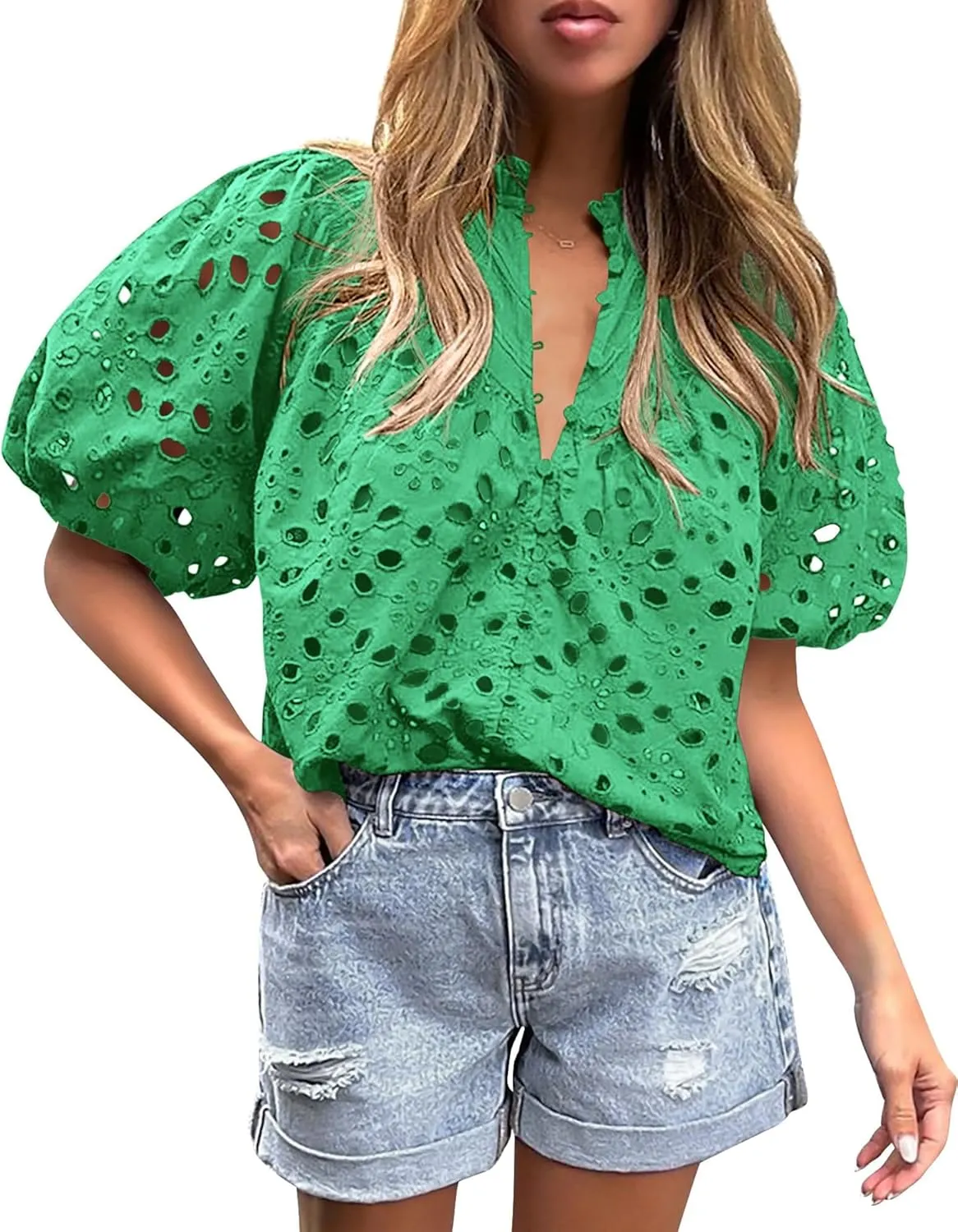 Women's Short Lantern Sleeve Hollow Out Lace Embroidered V Neck Blouses Shirts Casual Summer Tops