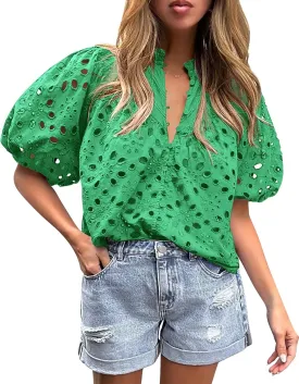 Women's Short Lantern Sleeve Hollow Out Lace Embroidered V Neck Blouses Shirts Casual Summer Tops