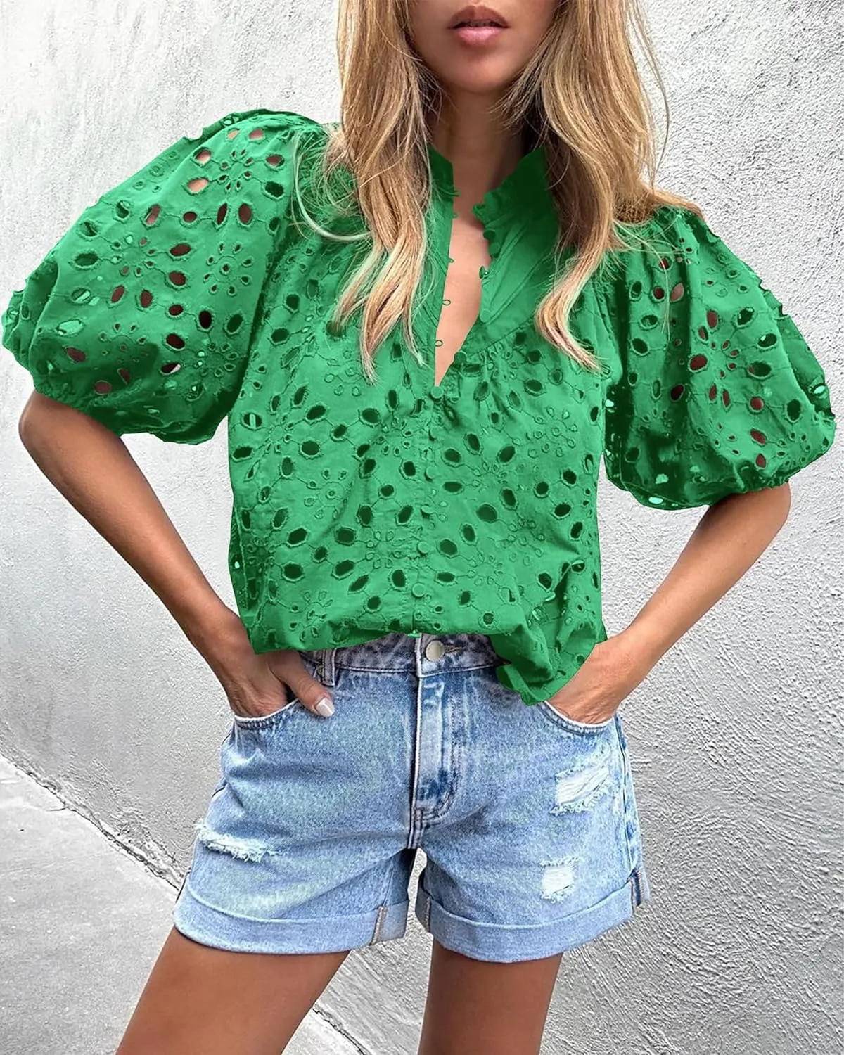 Women's Short Lantern Sleeve Hollow Out Lace Embroidered V Neck Blouses Shirts Casual Summer Tops
