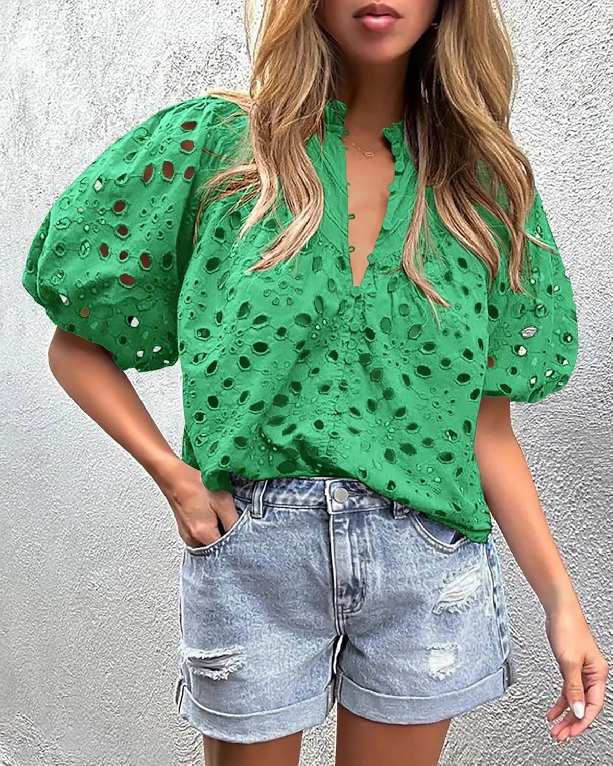 Women's Short Lantern Sleeve Hollow Out Lace Embroidered V Neck Blouses Shirts Casual Summer Tops