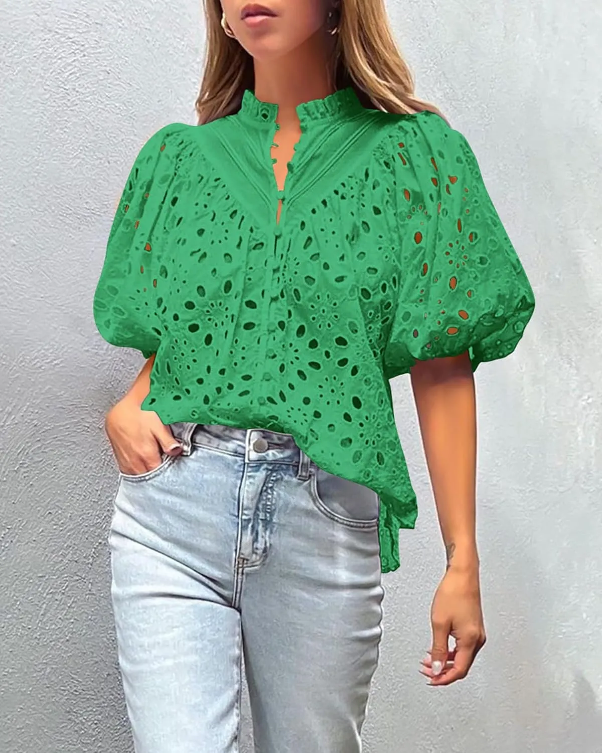Women's Short Lantern Sleeve Hollow Out Lace Embroidered V Neck Blouses Shirts Casual Summer Tops