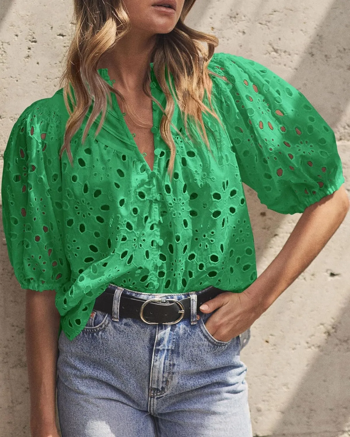 Women's Short Lantern Sleeve Hollow Out Lace Embroidered V Neck Blouses Shirts Casual Summer Tops